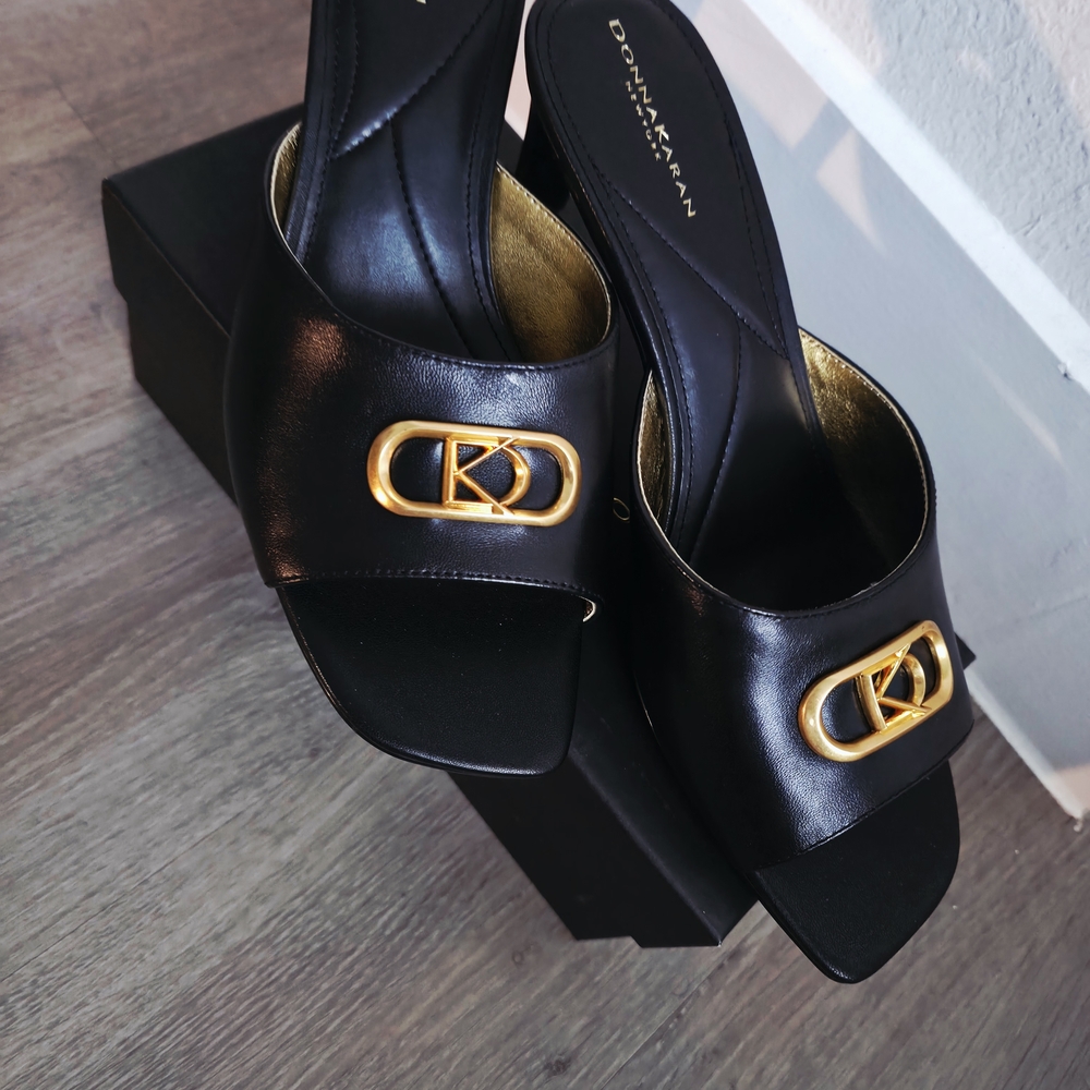 Donna Karan Black Mules with Gold Accents